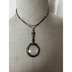 Vintage-Style Magnifying Glass Pendant Necklace Gold Tone Victorian Design